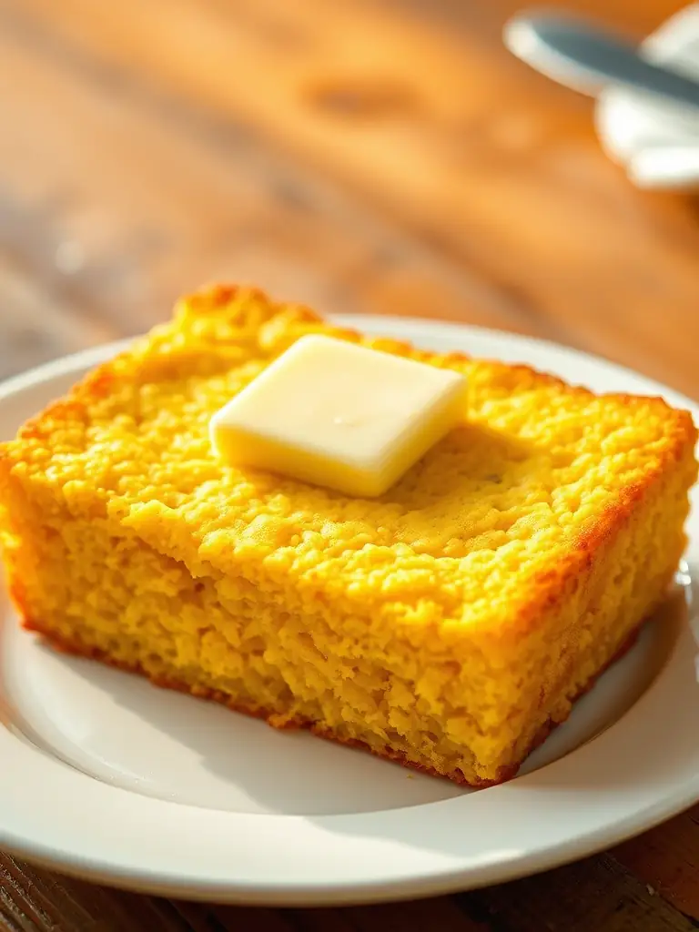 A warm slice of Tasteful Soul Food's homemade cornbread, fresh from the oven and served with a pat of butter.