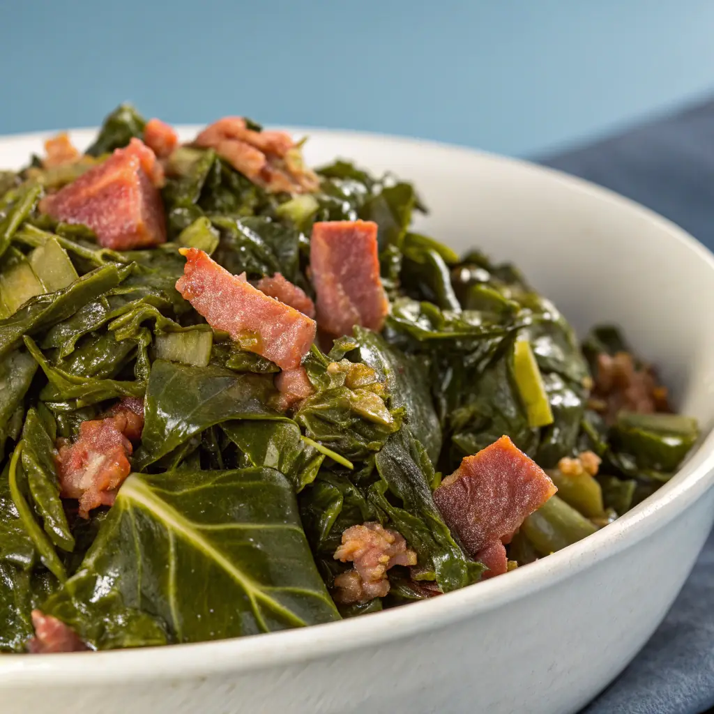 A vibrant bowl of collard greens simmered with smoked turkey, alongside a slice of sweet cornbread.