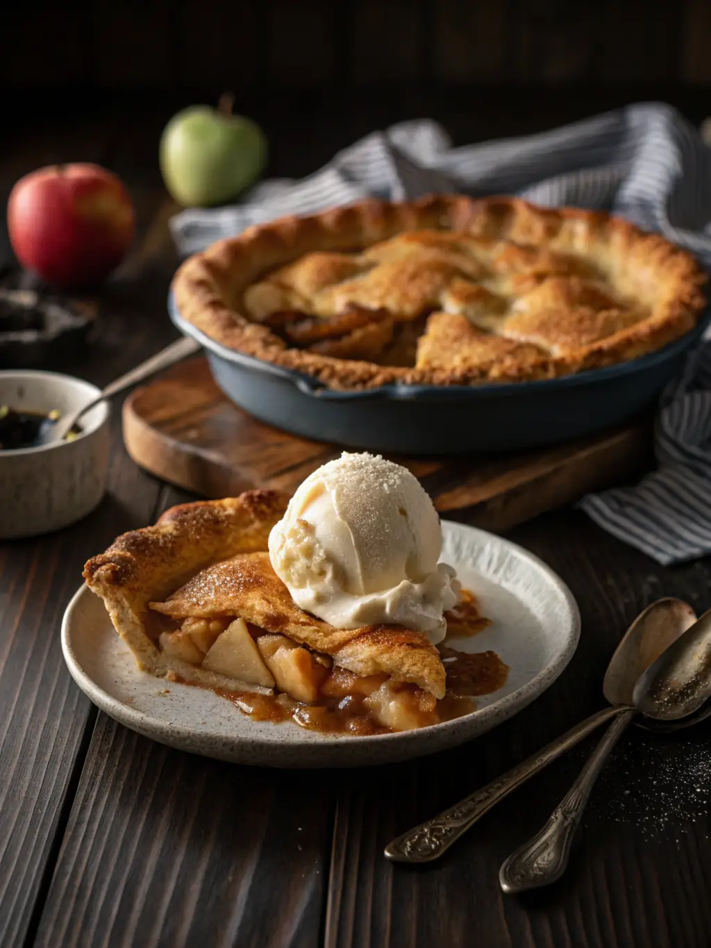 A warm slice of homemade peach cobbler, topped with a scoop of vanilla ice cream, showcasing the juicy peaches and flaky crust.