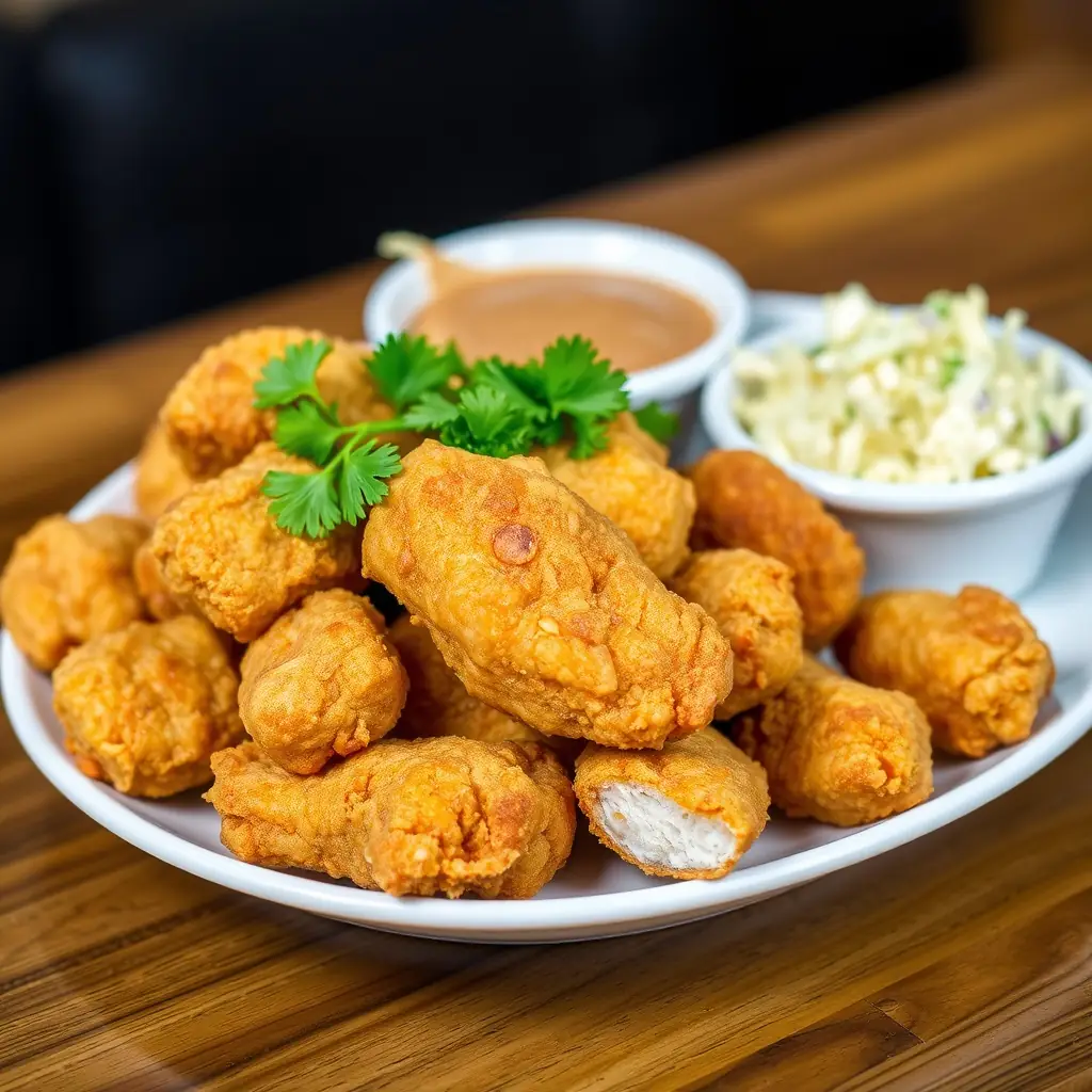 A close-up shot of golden-brown fried chicken with crispy skin, served with a side of creamy mac and cheese and vibrant green collard greens.