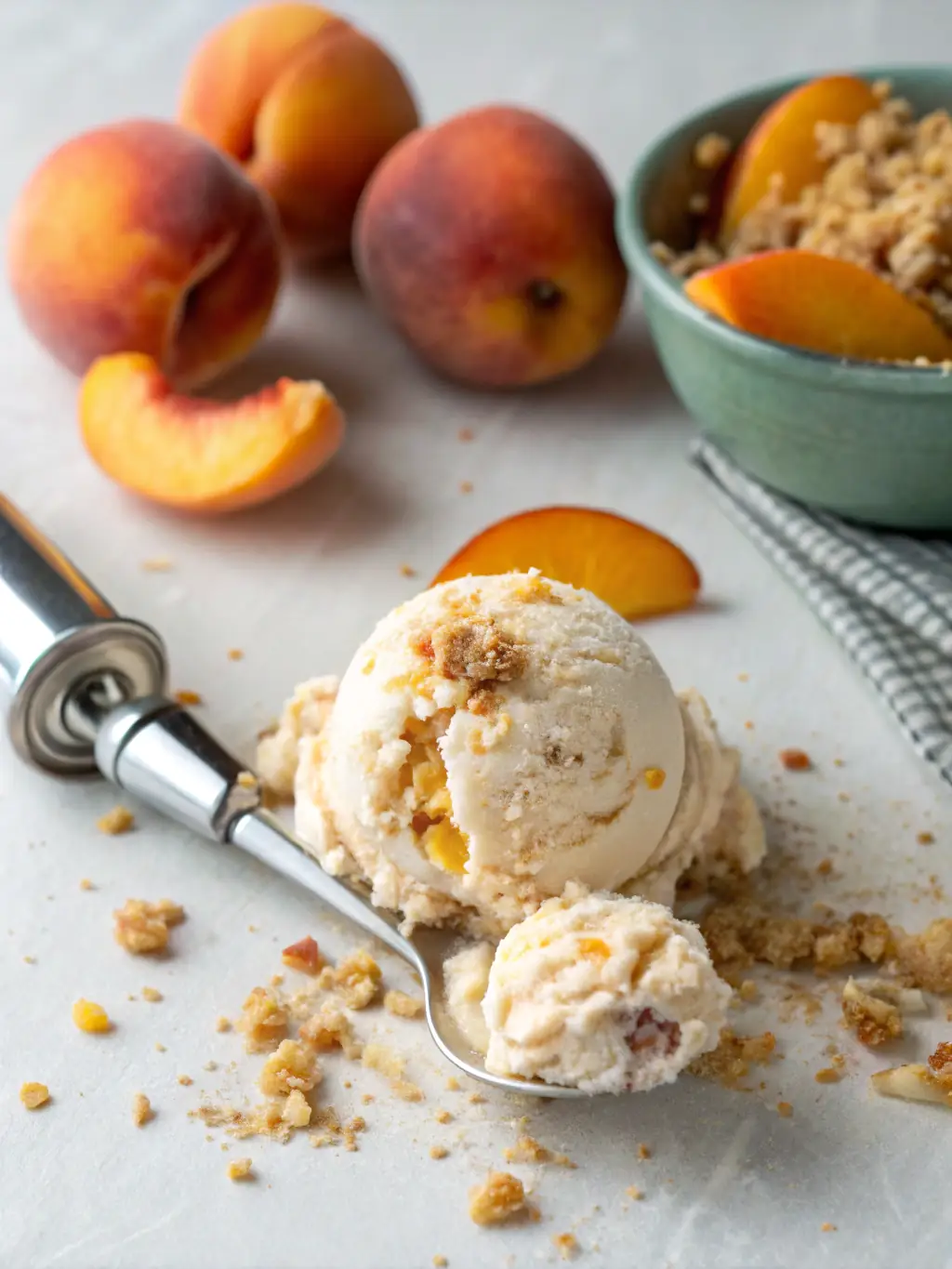 A delicious slice of Tasteful Soul Food's peach cobbler, topped with a scoop of vanilla ice cream.