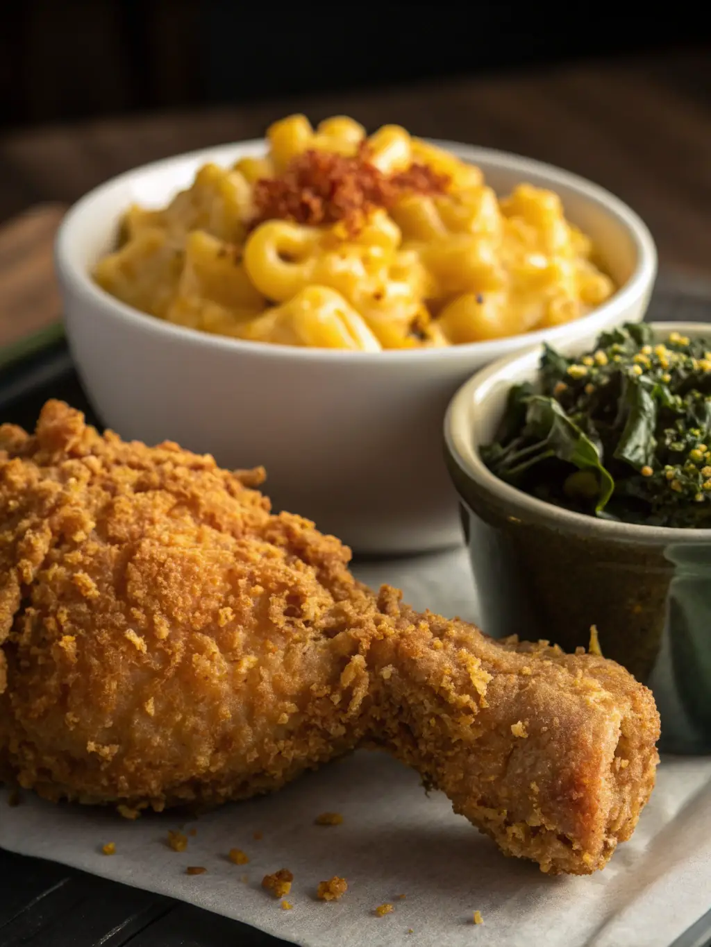A close-up shot of Tasteful Soul Food's famous fried chicken, golden brown and crispy, served with a side of creamy mac and cheese.