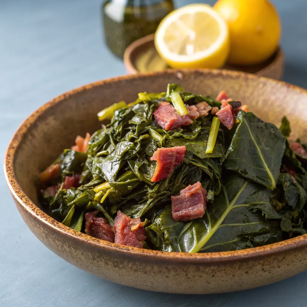 A vibrant bowl of collard greens simmered with smoked turkey, alongside a slice of sweet cornbread.