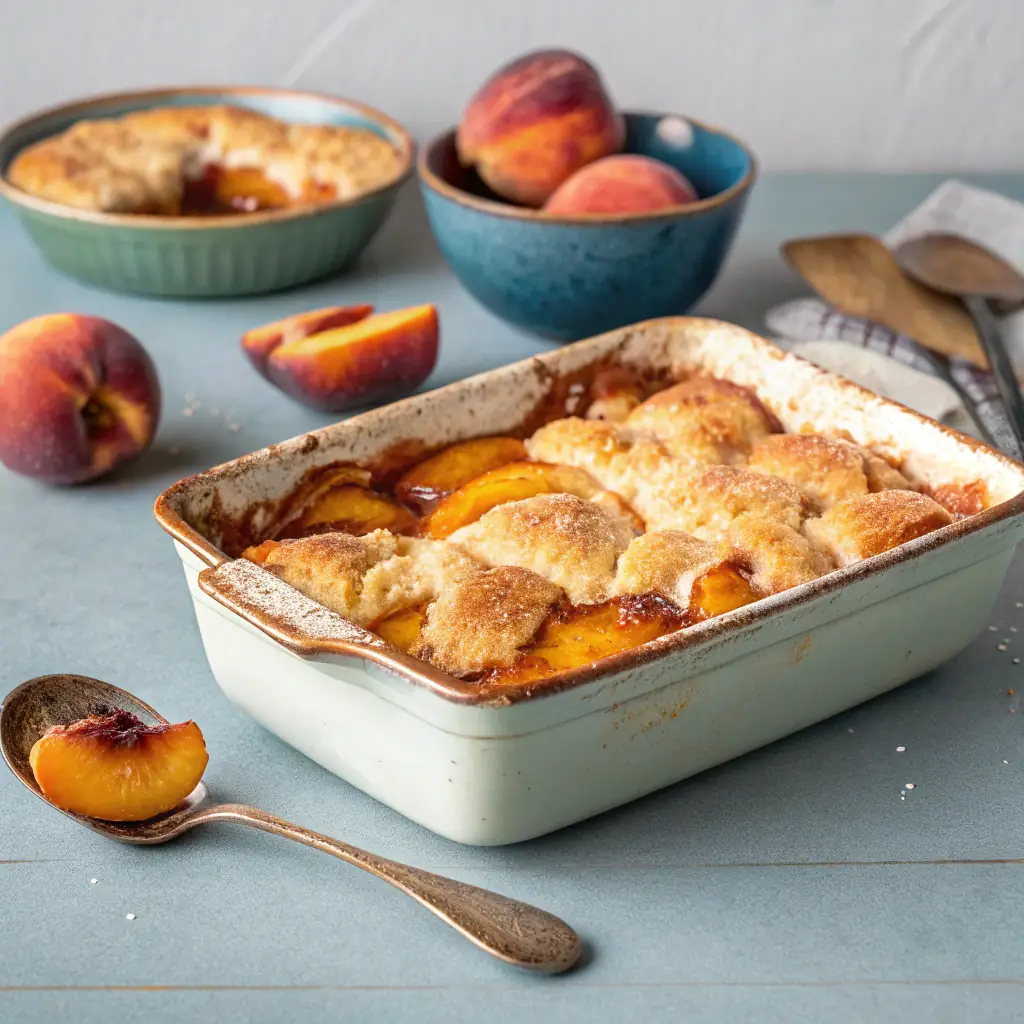 A slice of warm peach cobbler with a golden-brown crust, topped with a scoop of vanilla ice cream.