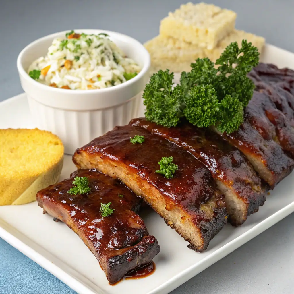 A plate of ribs with barbecue sauce.