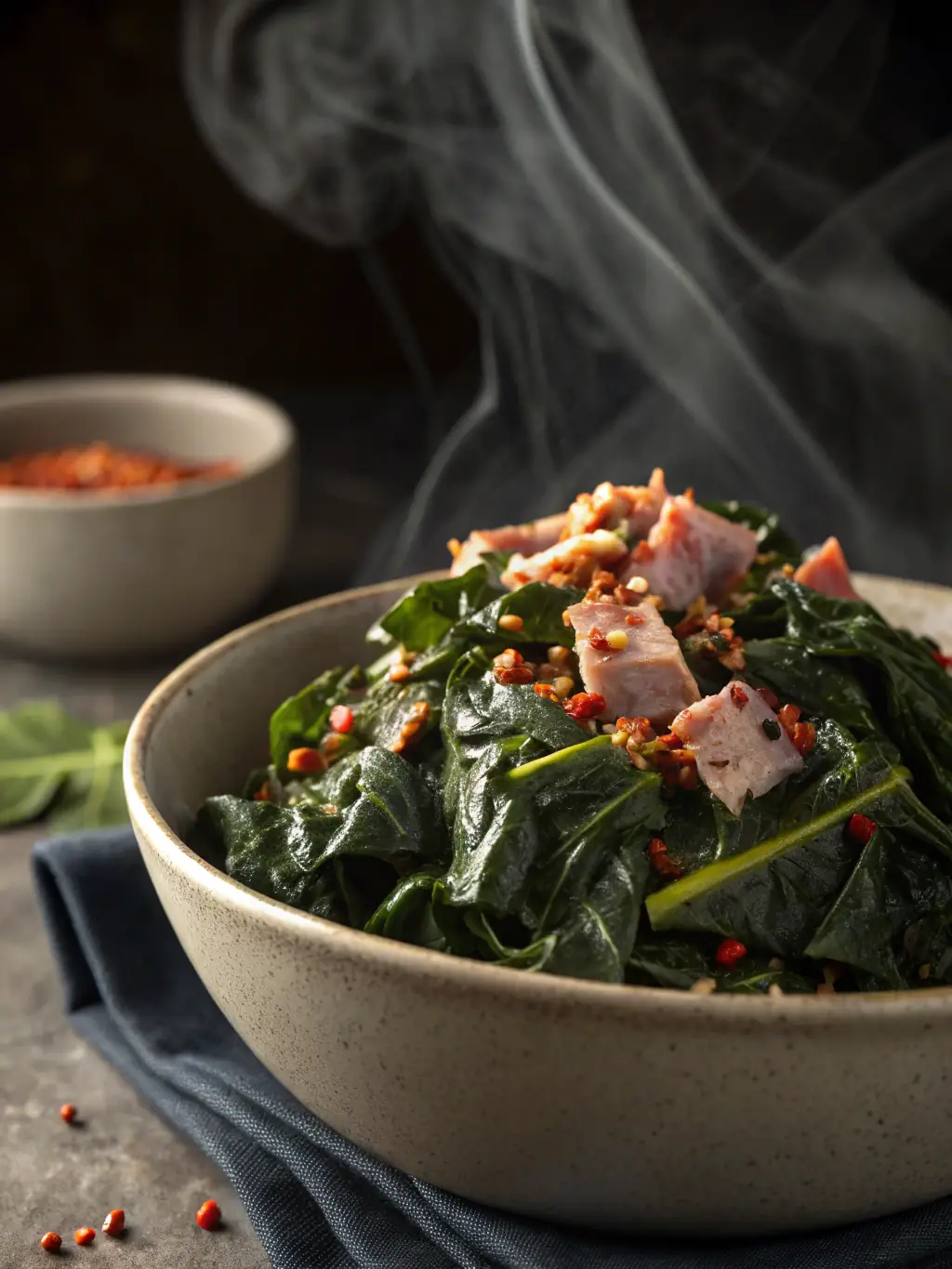 A vibrant image of Tasteful Soul Food's collard greens, slow-cooked with smoked turkey and seasoned to perfection.