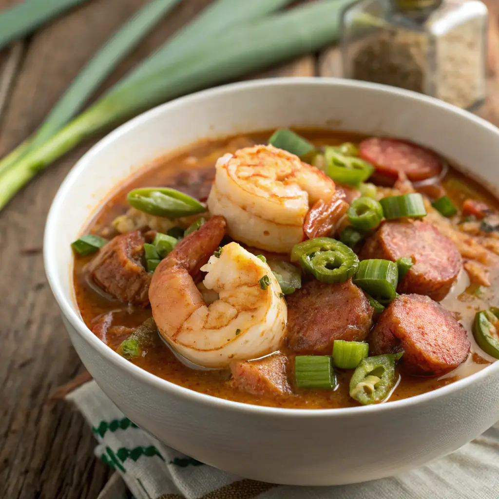 A bowl of gumbo with shrimp, sausage, and vegetables.