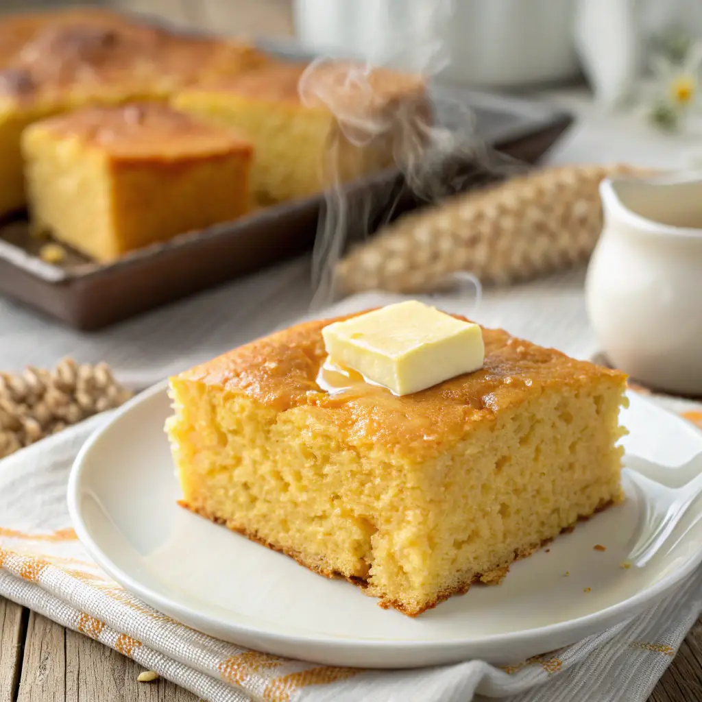 A stack of fluffy, golden-brown cornbread muffins, served warm with butter.