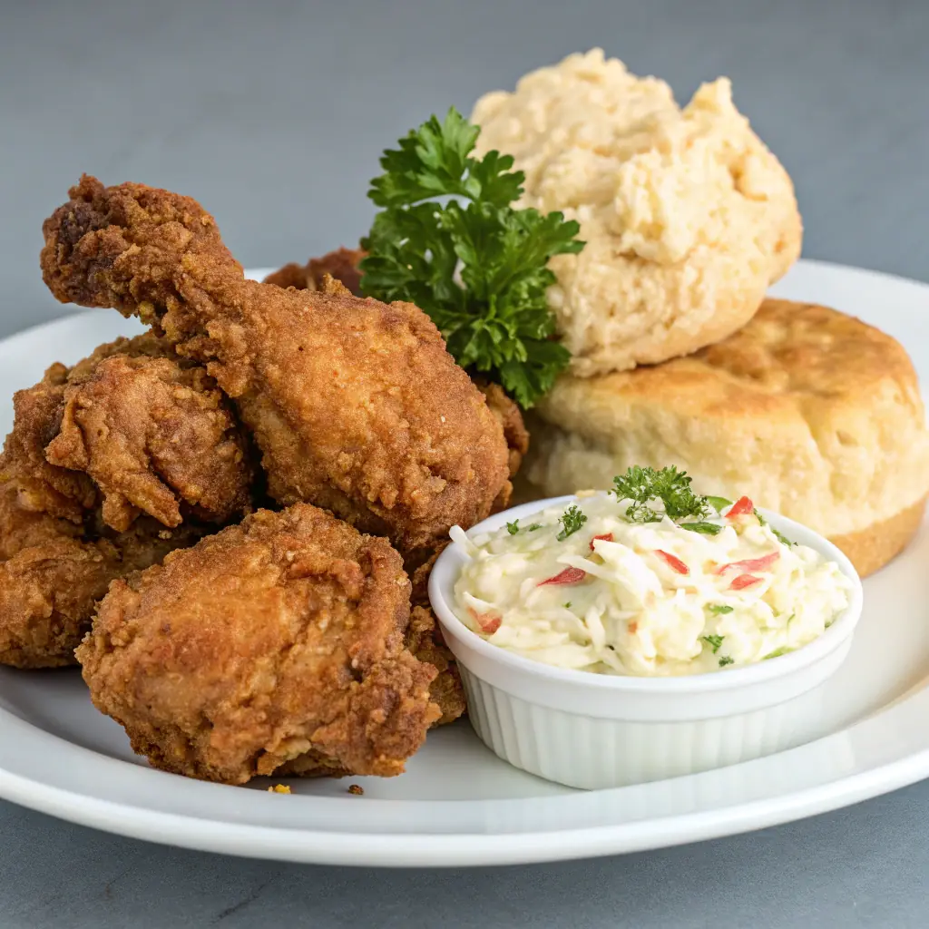 Fried chicken with collard greens and cornbread on a plate.