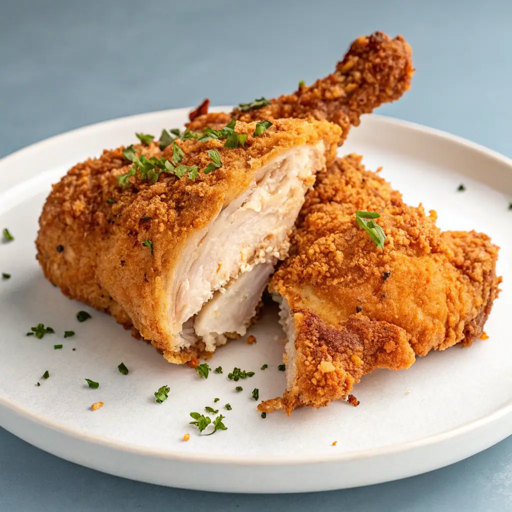 A close-up shot of golden fried chicken with crispy skin, served with creamy mashed potatoes and gravy.