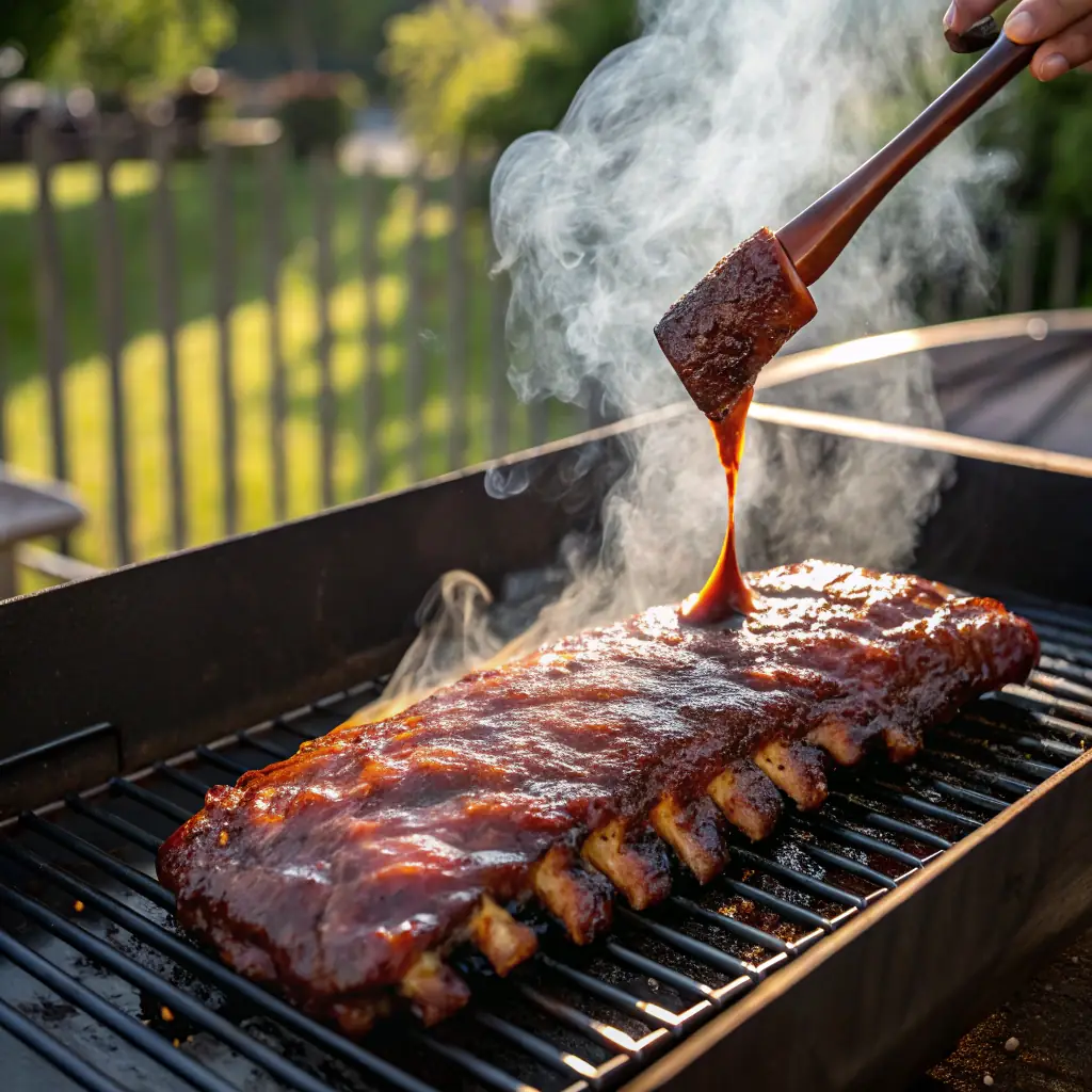 Smoked ribs with barbecue sauce.